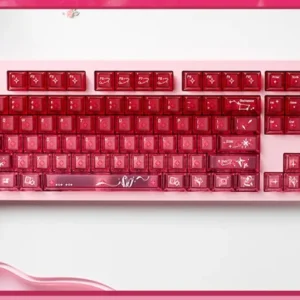 A playful set of luminous transparent cinnabar pink keycap set, showcasing their delicate gradient glow on a mechanical keyboard.