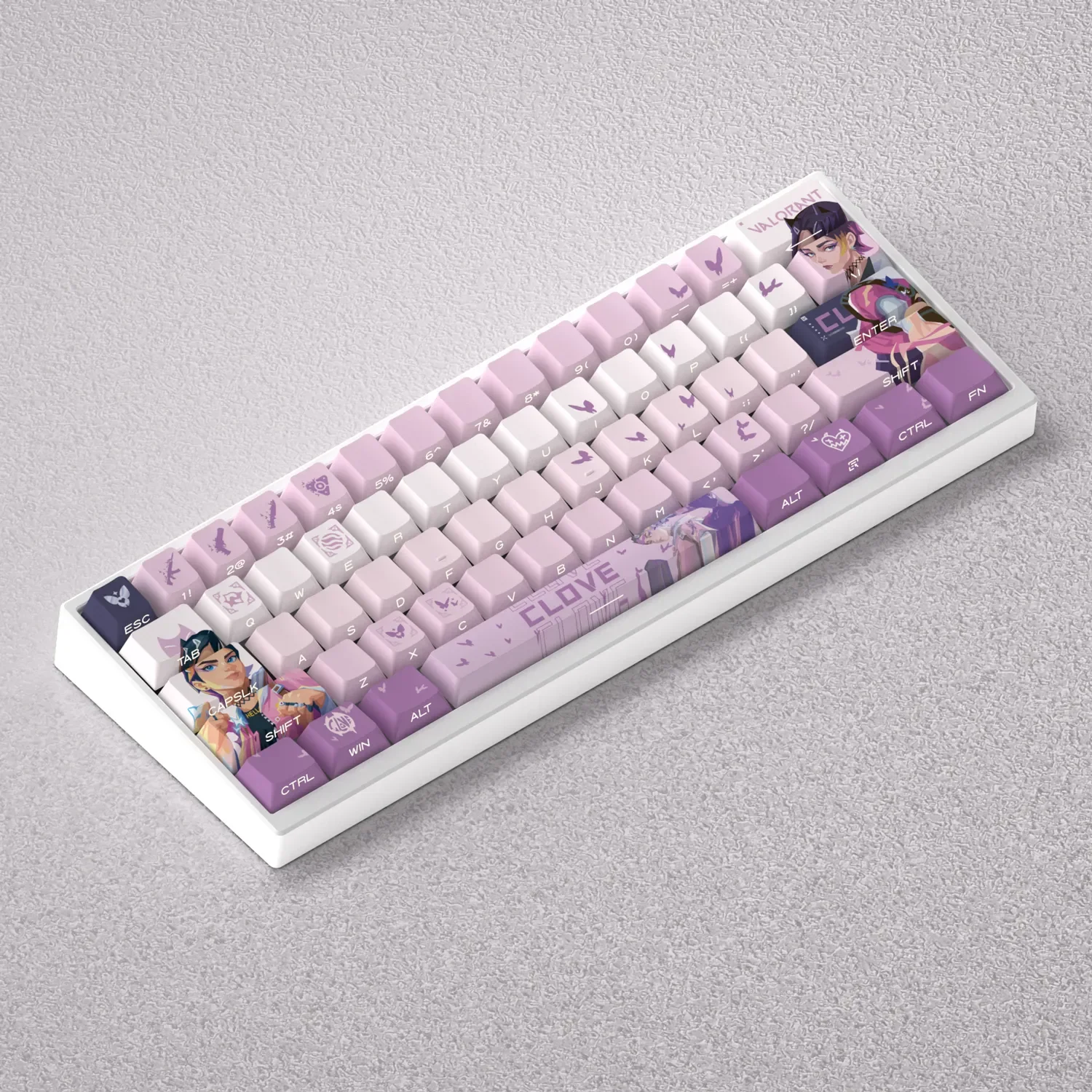 Clove Keycap Set showcasing elegant characters design from various artistic angles, highlighting Valorant gaming style.