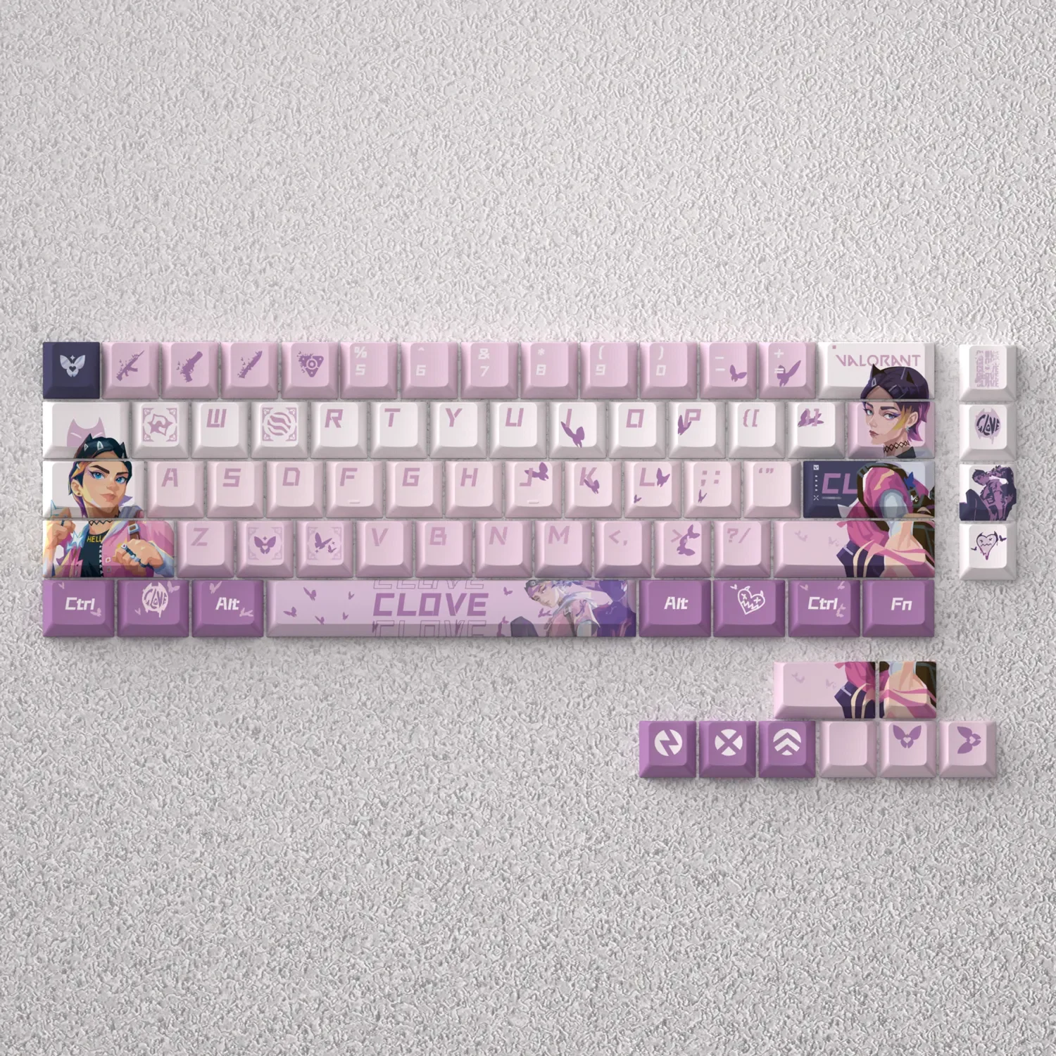 Clove Keycap Set. Elegant PBT keycaps with serene anime gaming art, enhancing any custom keyboard setup.