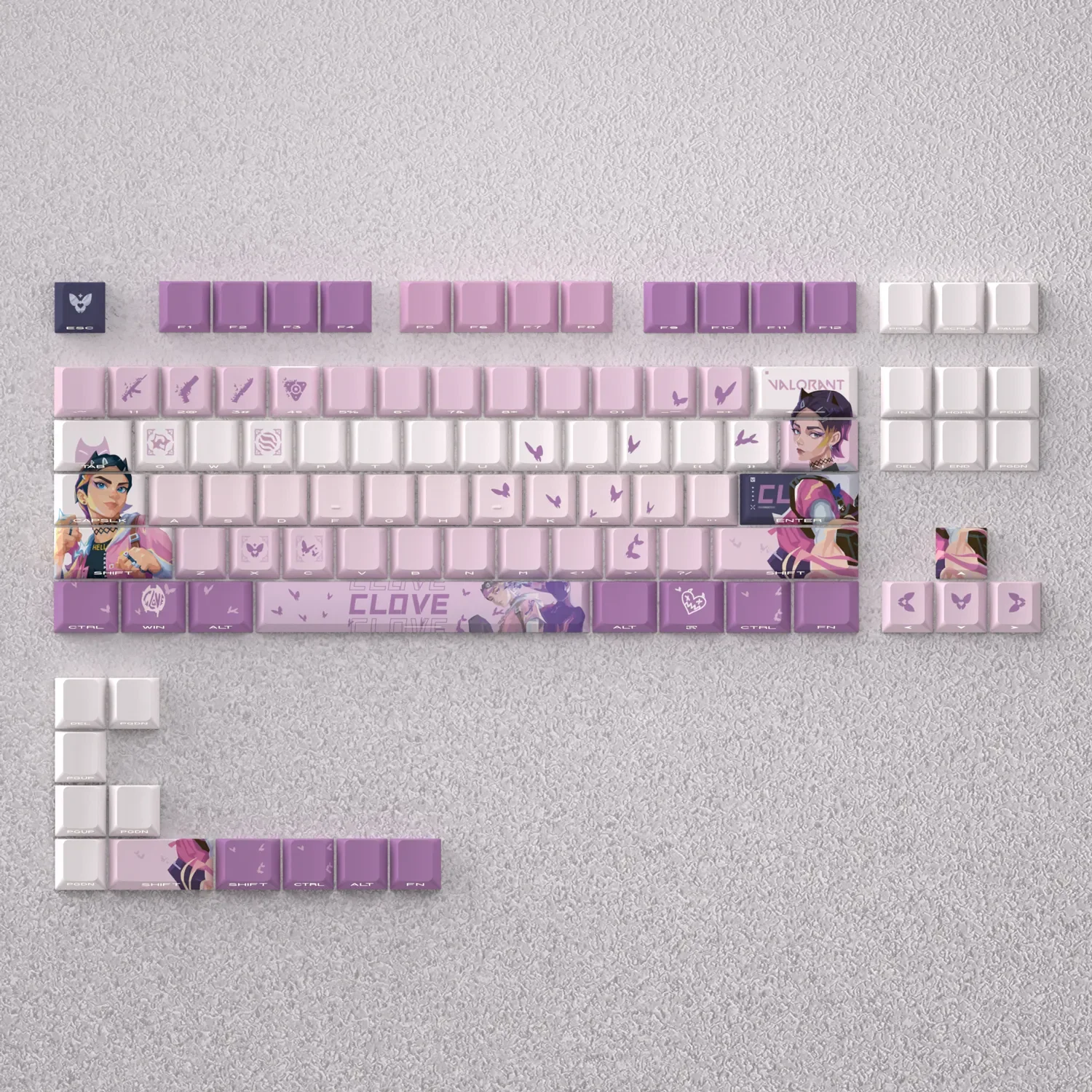 Display of Clove Keycap Set, featuring Valorant characters motifs in an elegant anime style on a mechanical keyboard.
