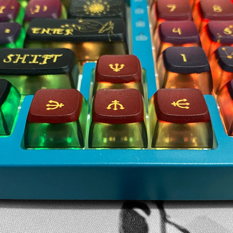 Cosmic Constellation Pudding PBT Keycaps Set, ASA profile, showcasing celestial designs and translucent sides for RGB lighting from multiple angles.