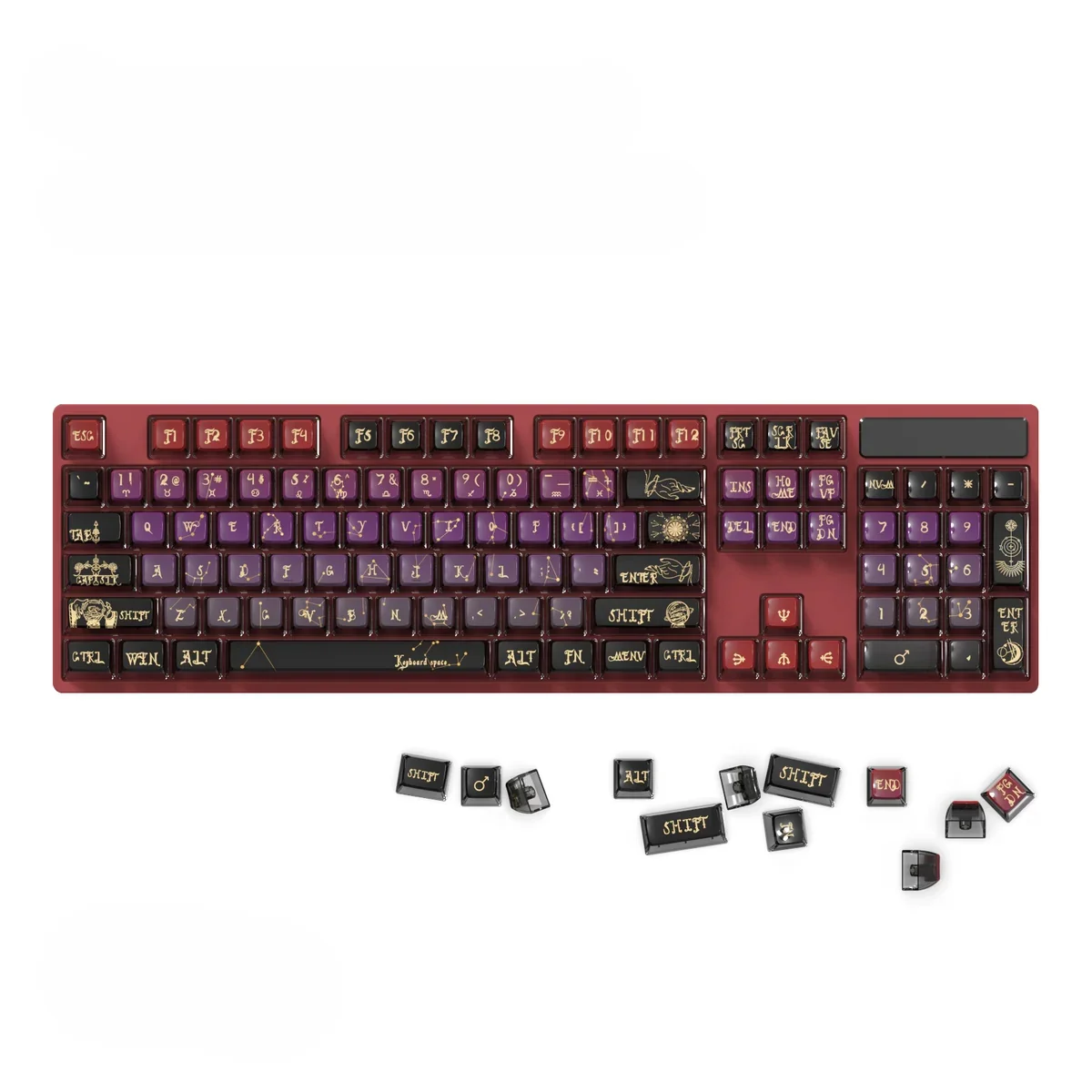 Boxed set of Cosmic Constellation Pudding PBT Keycaps Set, showcasing the translucent ASA profile with artistic starry designs, perfect for vibrant RGB ligthning.