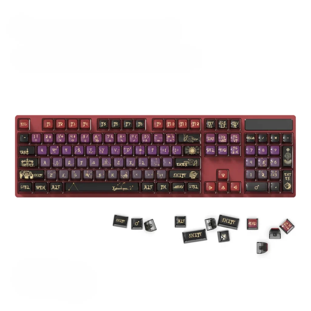 Celestial Constellation Pudding PBT Keycaps Set with ASA Profile, showcasing vibrant anime-inspired designs and translucent sides for RGB lighting.