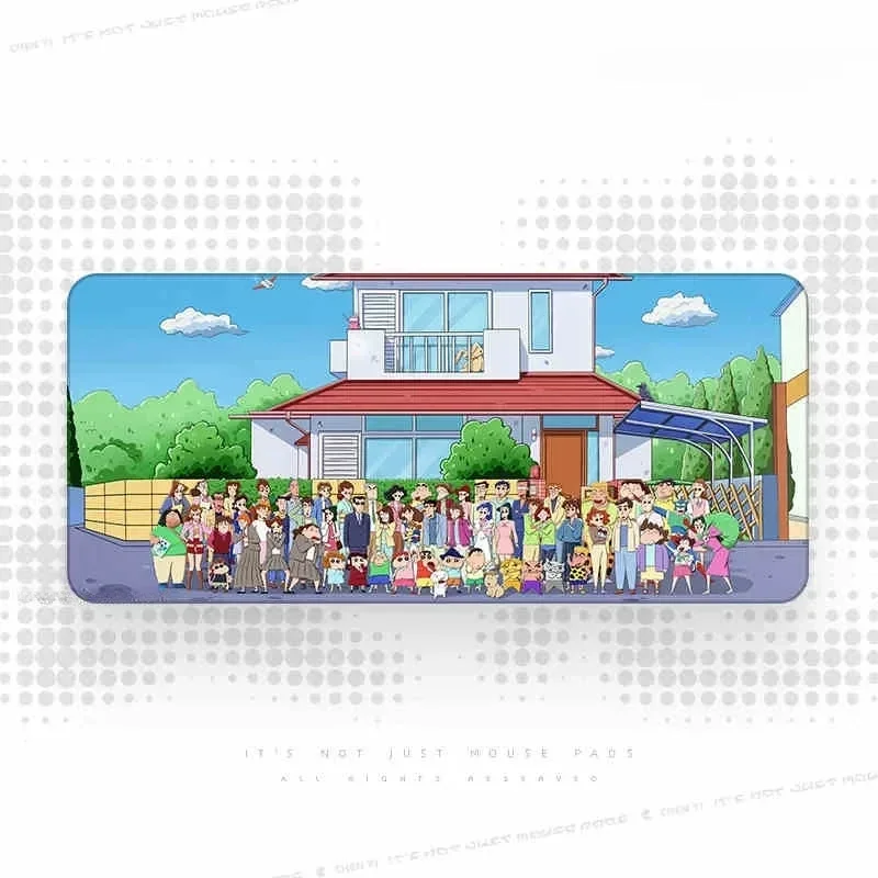 Iconic Crayon Shin-chan family on a vibrant, extra-large natural rubber desk mat, a playful anime desk mat.