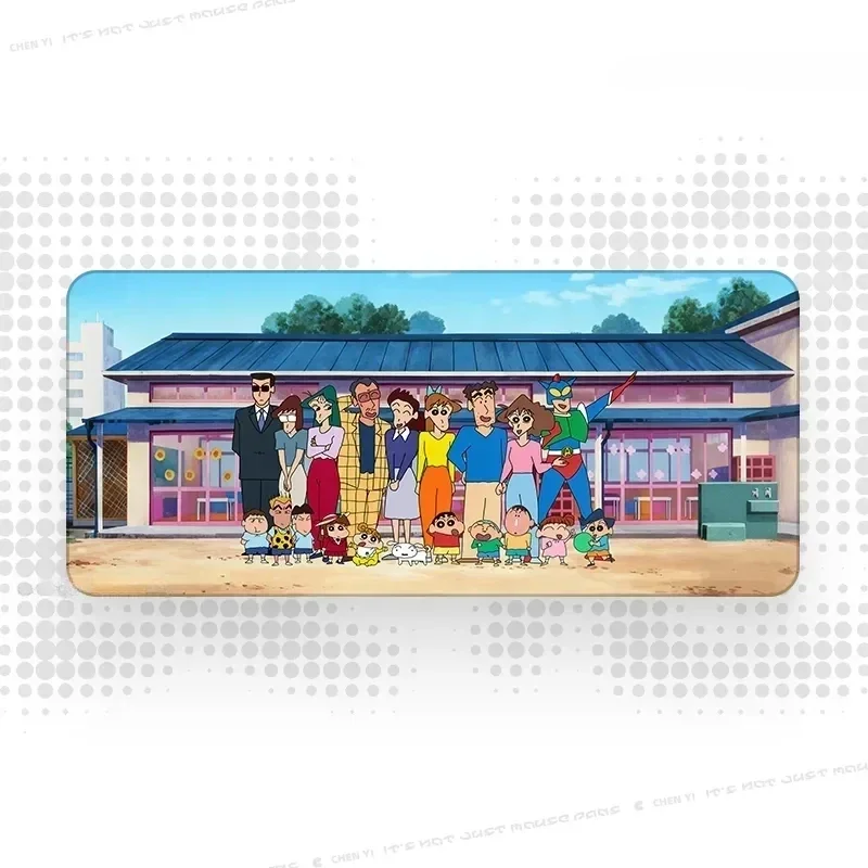 Iconic Crayon Shin-chan family depicted on a vibrant, extra-large natural rubber desk mat, bringing playful anime fun to your workspace.