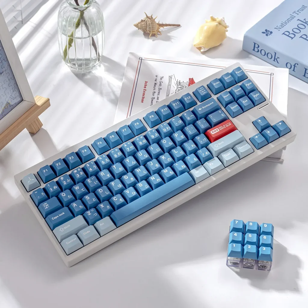 Main display of Crisp Blue RWB Magnetic Keycaps. Features precision PBT Dye-Sub for magnetic switches, with refreshing cool blue.