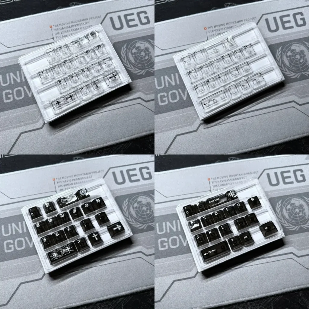 Luminous transparent Cross Sword Supplement Keycap Set on a mechanical keyboard, showcasing edgy gothic elegance and intricate design.