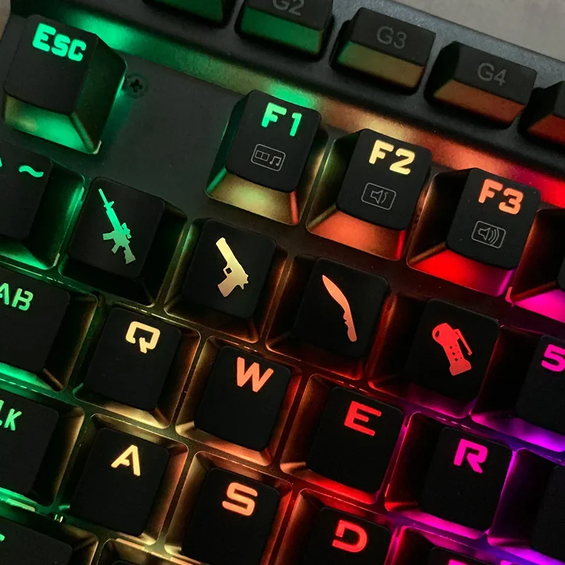 Iconic CSGO Weapon Keycaps displayed from multiple angles, highlighting translucent designs in vibrant red and black, ready for your next tactical.