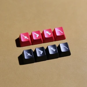 Vibrant, translucent CSGO Weapon Keycaps featuring iconic weapon silhouettes in striking red and black, illuminated for tactical gaming.