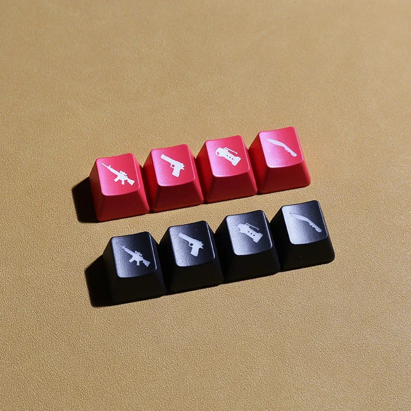 Vibrant, translucent CSGO Weapon Keycaps featuring iconic weapon silhouettes in striking red and black, illuminated for tactical gaming.