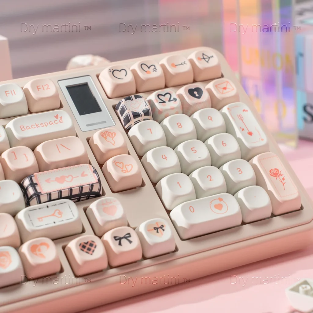 Dreamy black and pink Cupid Keycap Set displayed from an artistic angle, featuring playful angelic cherubs and hearts on high-quality PBT dye-sublimation.