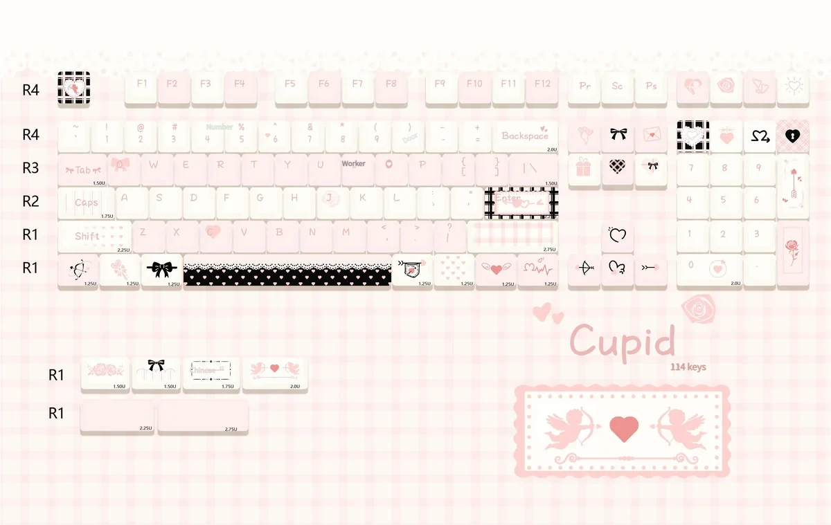 This 114-key boxed set of Angelic Black Pink Cupid Keycaps showcases unique PBT dye-sublimation with playful cherubs and hearts.