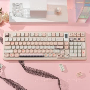 Close-up of the angelic black and pink Cupid Keycap set, showcasing unique PBT dye-sublimation with dreamy cherubs, hearts, and arrows.