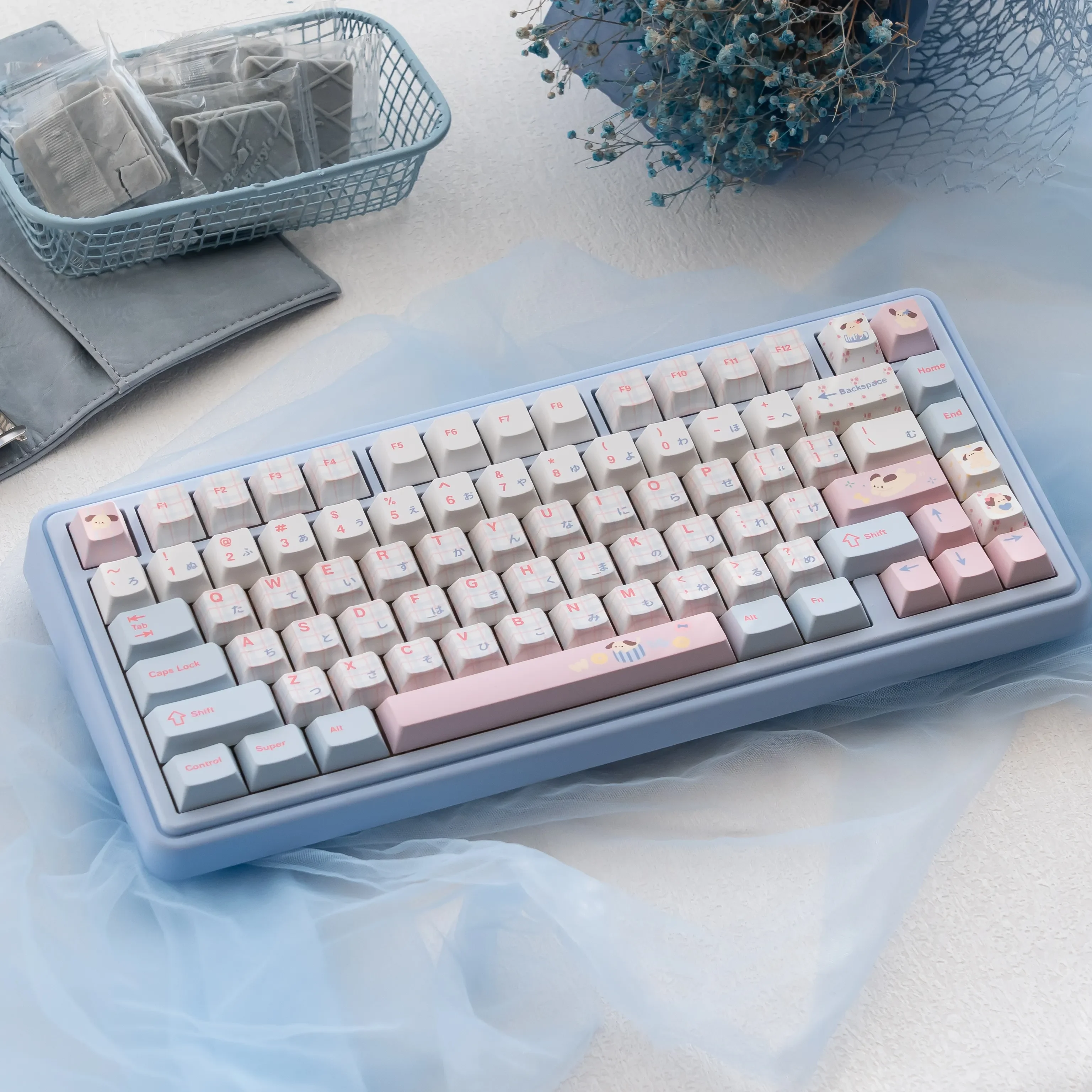 Whimsical Chalk Puppy Gasket Custom Mechanical Keyboard Kit gallery. Reveals serene blue canvas, soft chalk art puppies, premium Gasket typing.
