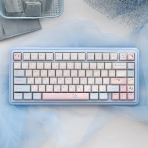 Whimsical Chalk Puppy UR82 Gasket Custom Mechanical Keyboard Kit showcasing charming chalk art puppies on a serene clear blue canvas.