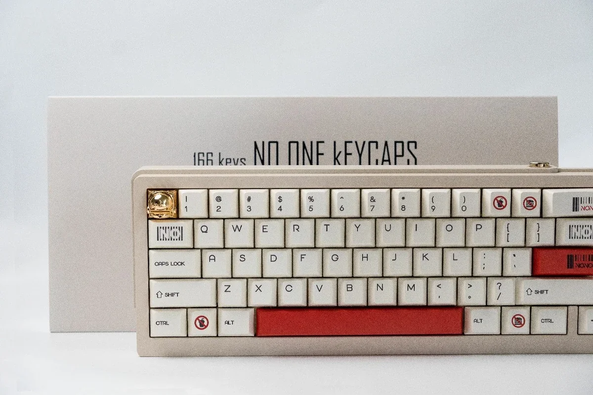 No One Cherry Keycap Set displayed from various angles, emphasizing their durable dye-sublimation, crisp legends, and minimalist elegance.