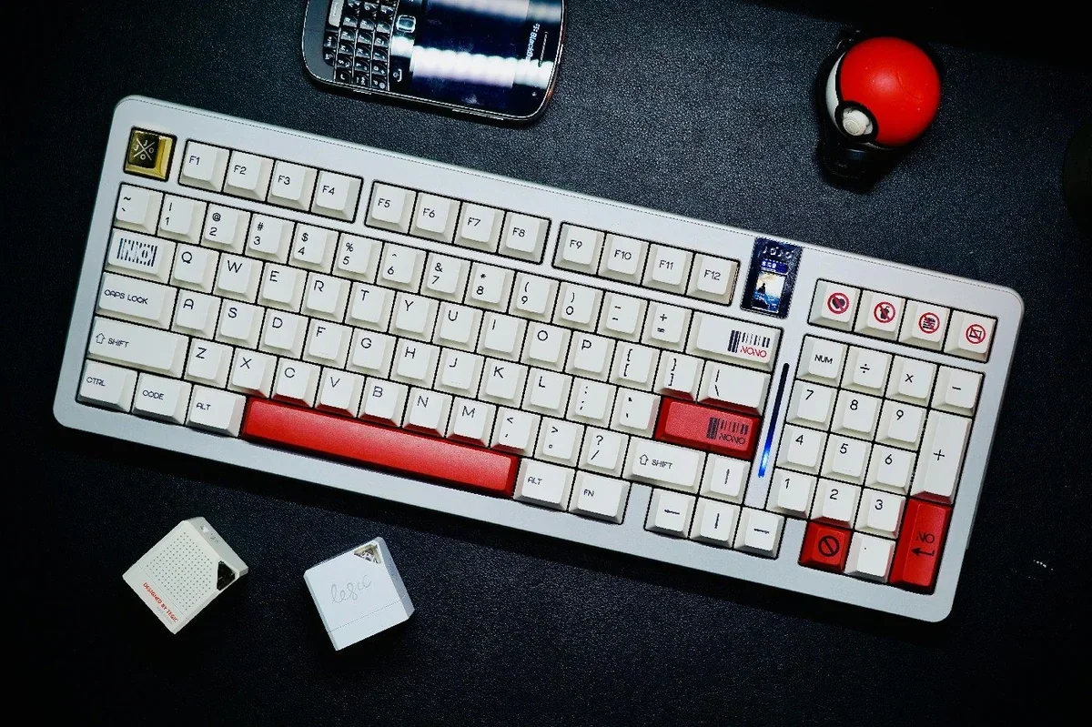 No One Cherry Keycap Set from various angles, showcasing their durable, crisp legends and minimalist elegance.