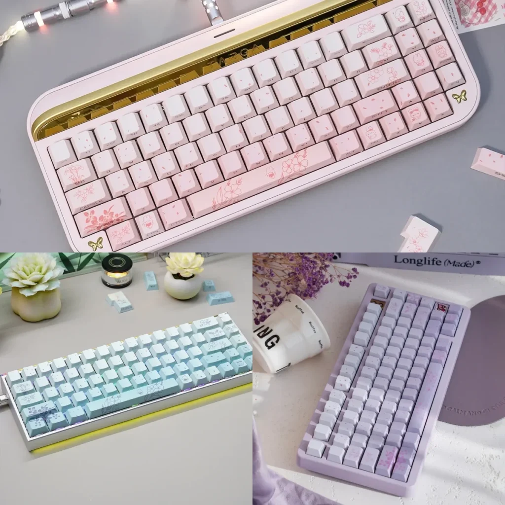 Dreamy Rabbit & Flower Gradient Custom PBT Keycaps Set, featuring whimsical pastel hues and enchanting side-lit Cherry profile illumination.