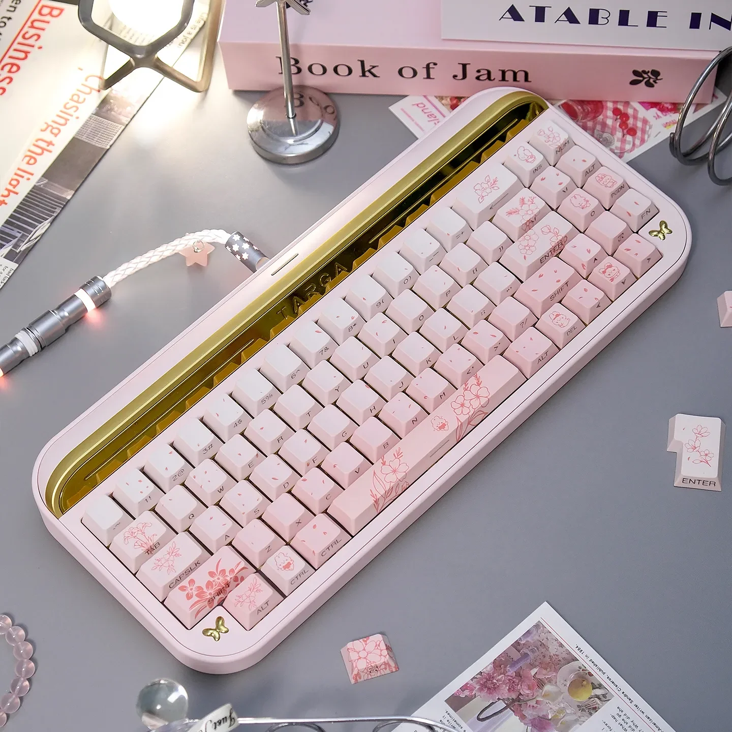 Whimsical Dreamy Rabbit & Flower Gradient Custom PBT Keycaps set in a gallery view, revealing the side-lit effects and detailed dye-sub rabbit design.