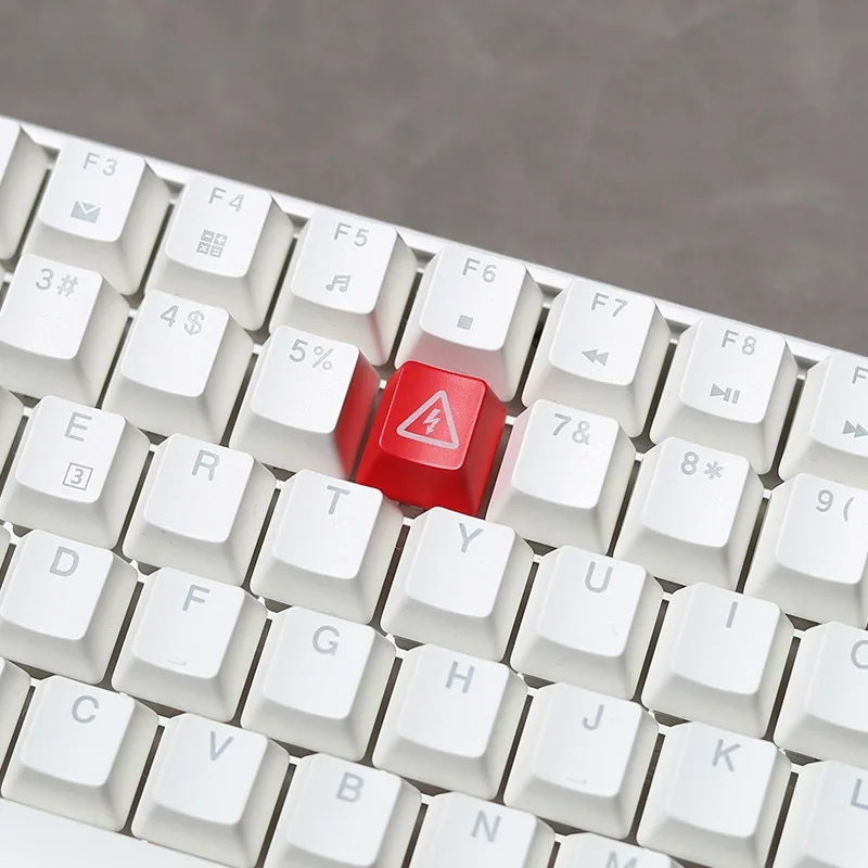 Multiple angled shots of the edgy Danger backlit keycap, highlighting its industrial warning design and striking electric danger illumination.