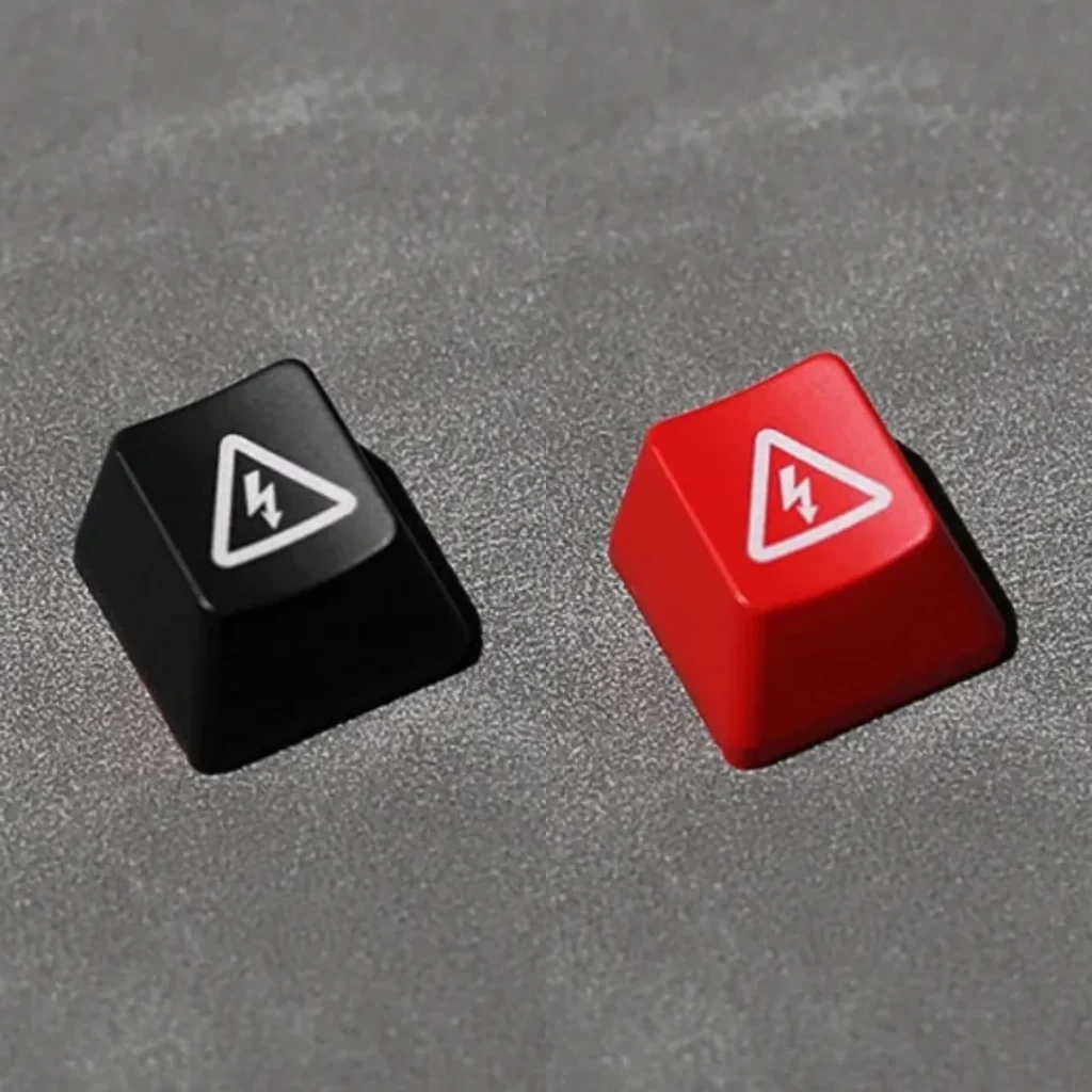 Edgy Danger Keycap with a vivid 'Electric Danger' backlit industrial warning sign, perfect for mechanical keyboards, showcasing high-contrast design.
