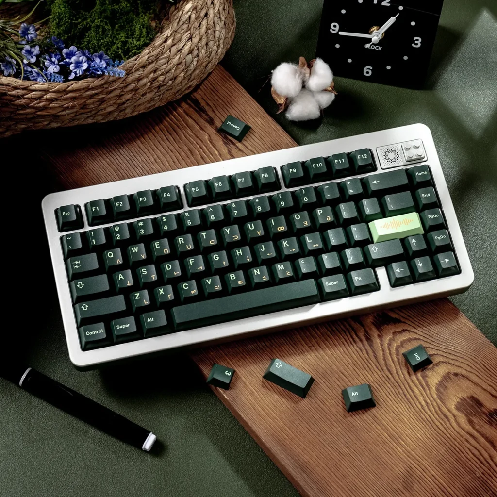 Premium Dark Green PBT Keycap Set, showcasing durable dye-sub legends and unique Cherry profile, embodying a deep forest and refreshing mint aesthetic.
