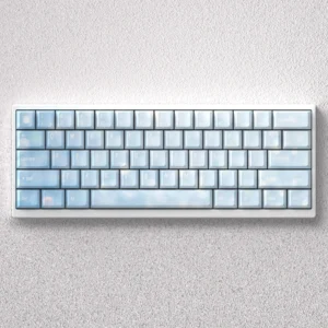 Serene Dawn PBT keycaps set for mechanical keyboards, showing tranquil sunrise gradients and durable front-printed legends.