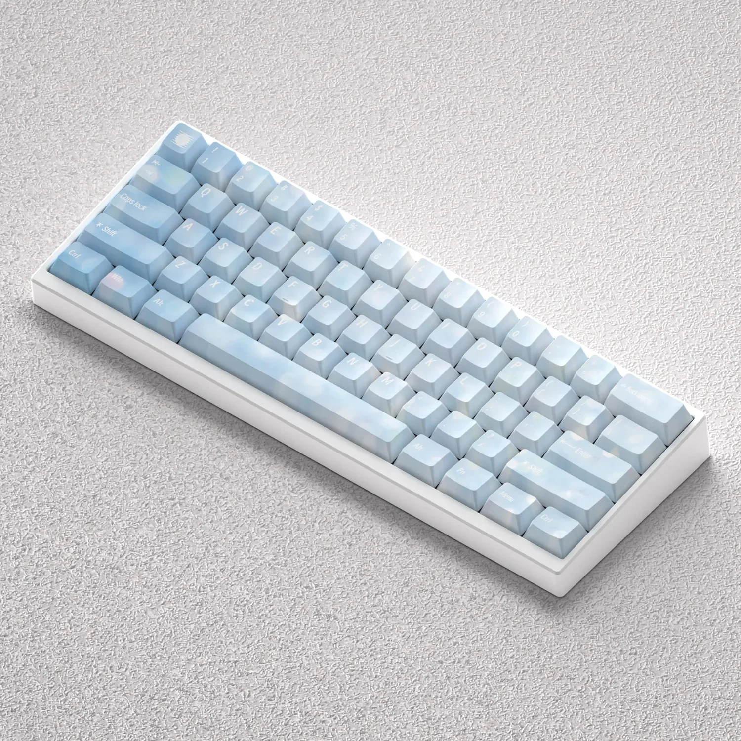 Close-up gallery view of Serene Dawn PBT keycaps Set, revealing the gentle sunrise color gradients and crisp front-printed legends on durable PBT.