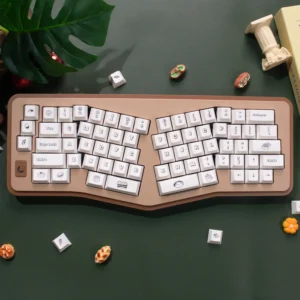 Adorable PBT dye-sublimated dessert keycaps set displayed, featuring a whimsical sweet wonderland of pastel cakes, donuts, and candies.