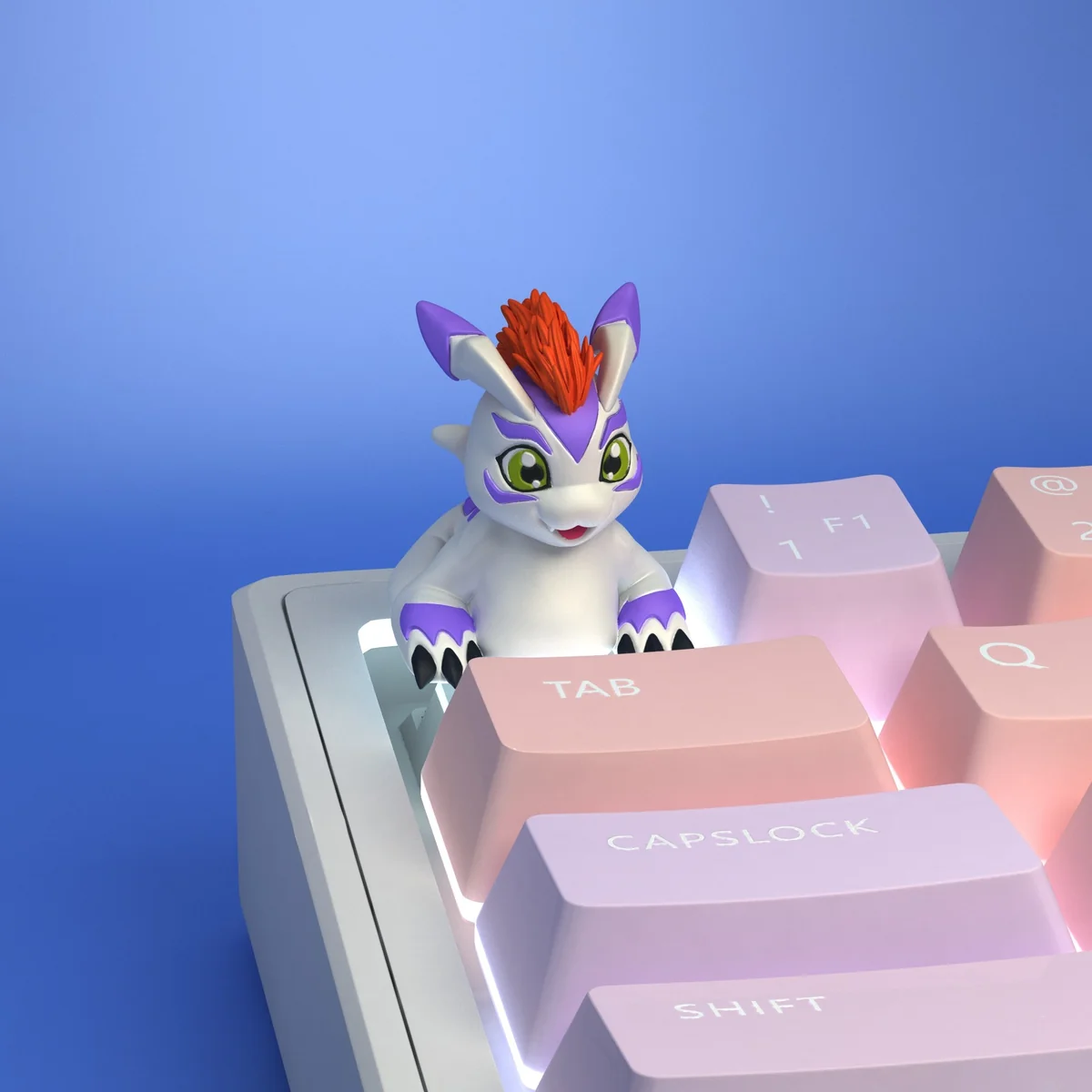Vibrant handcrafted resin Digimon keycaps, showcasing detailed 3D sculpted characters from various angles, perfect for a playful keyboard upgrade.