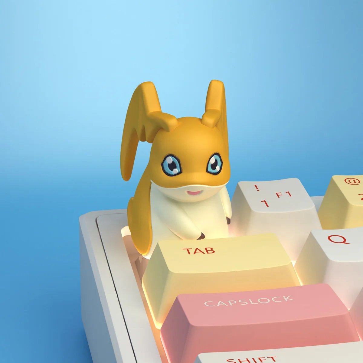 Multiple handcrafted resin Digimon keycaps, vibrant and detailed 3D sculpted characters shown from various angles, capturing their playful artistry.
