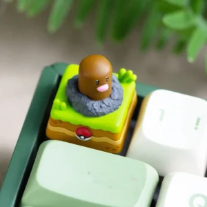 A collection of detailed images showcasing the whimsical rotating Diglett & Psyduck Keycaps from multiple angles, highlighting its unique handcrafted design.