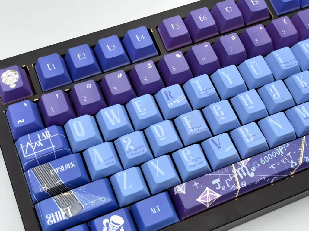 A collection of Dr. Ratio Honkai: Star Rail keycap set images showcasing their intricate details, philosophical elegance, and premium finish from various angles.