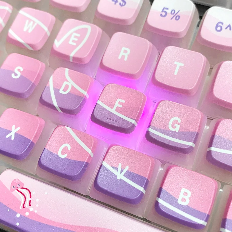 Luminous Dreamy Ocean Anime Pudding Keycaps set, displaying vibrant underwater characters and soft glow from various artistic angles.