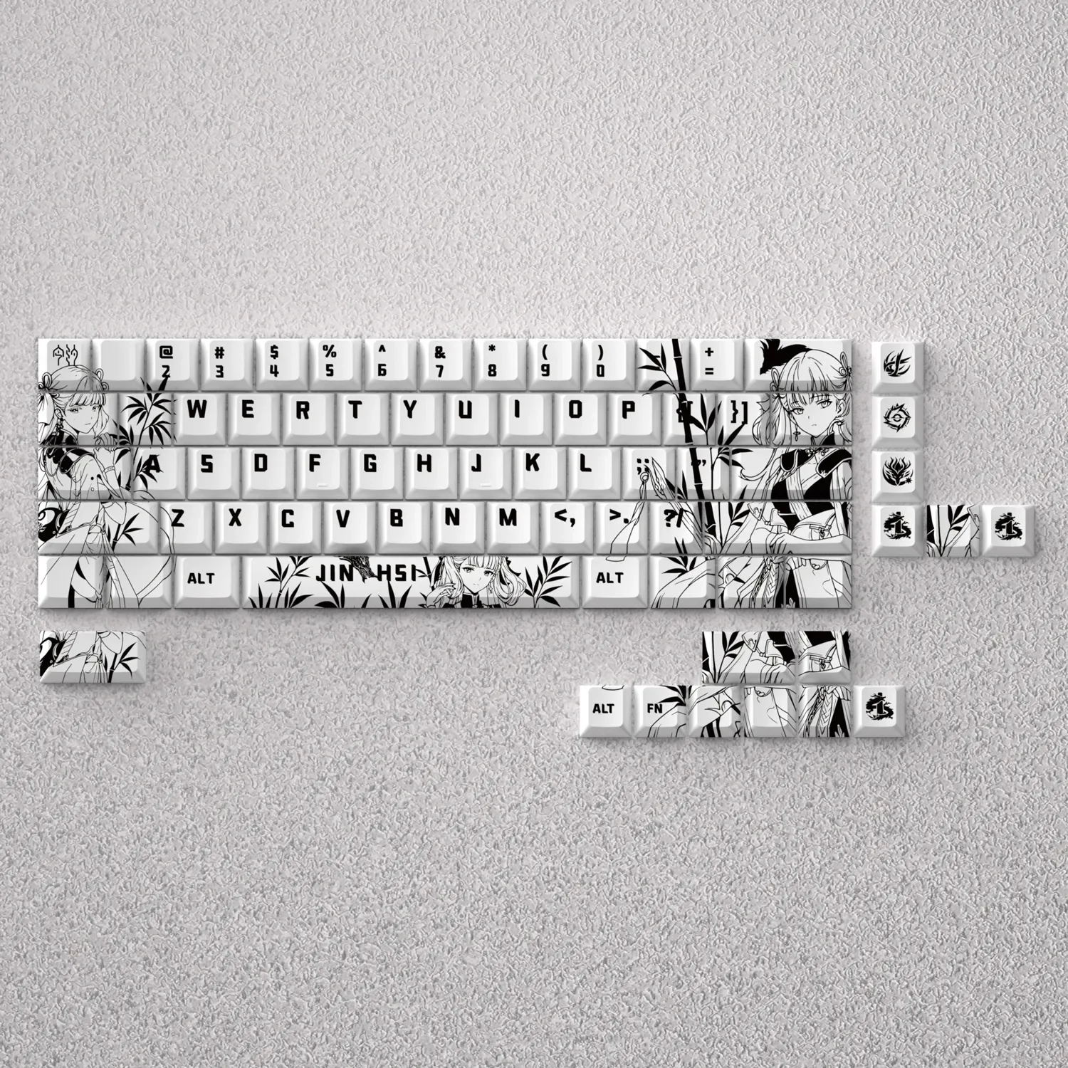 A stunning display of the Jinhsi Keycap Set, highlighting its premium aesthetics, subtle design, and tranquil, sophisticated design.