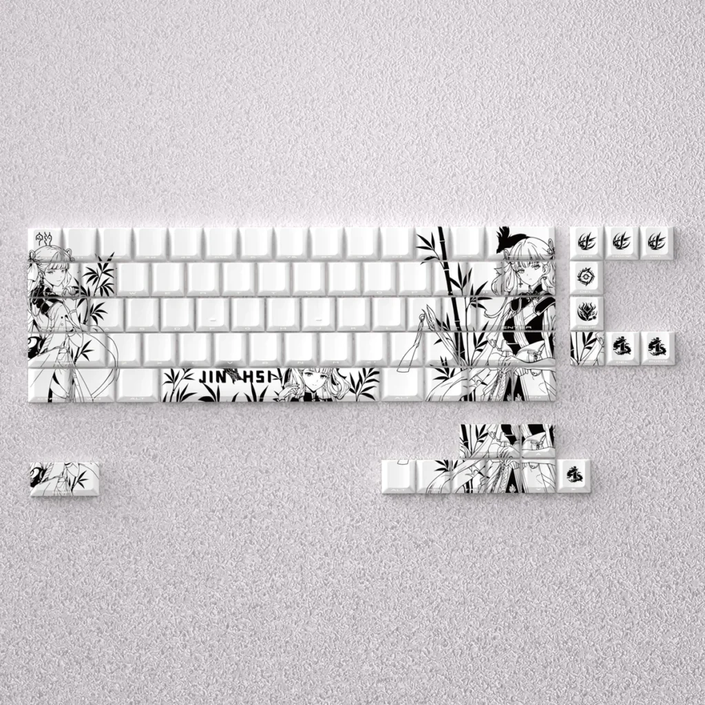 Jinhsi Keycap Set. This premium Cherry profile set features subtle, opaque keycaps in sophisticated, tranquil evening colors.
