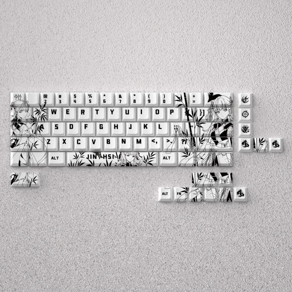 A stunning display of the Jinhsi Keycap Set, highlighting its premium aesthetics, subtle design, and tranquil, sophisticated design.