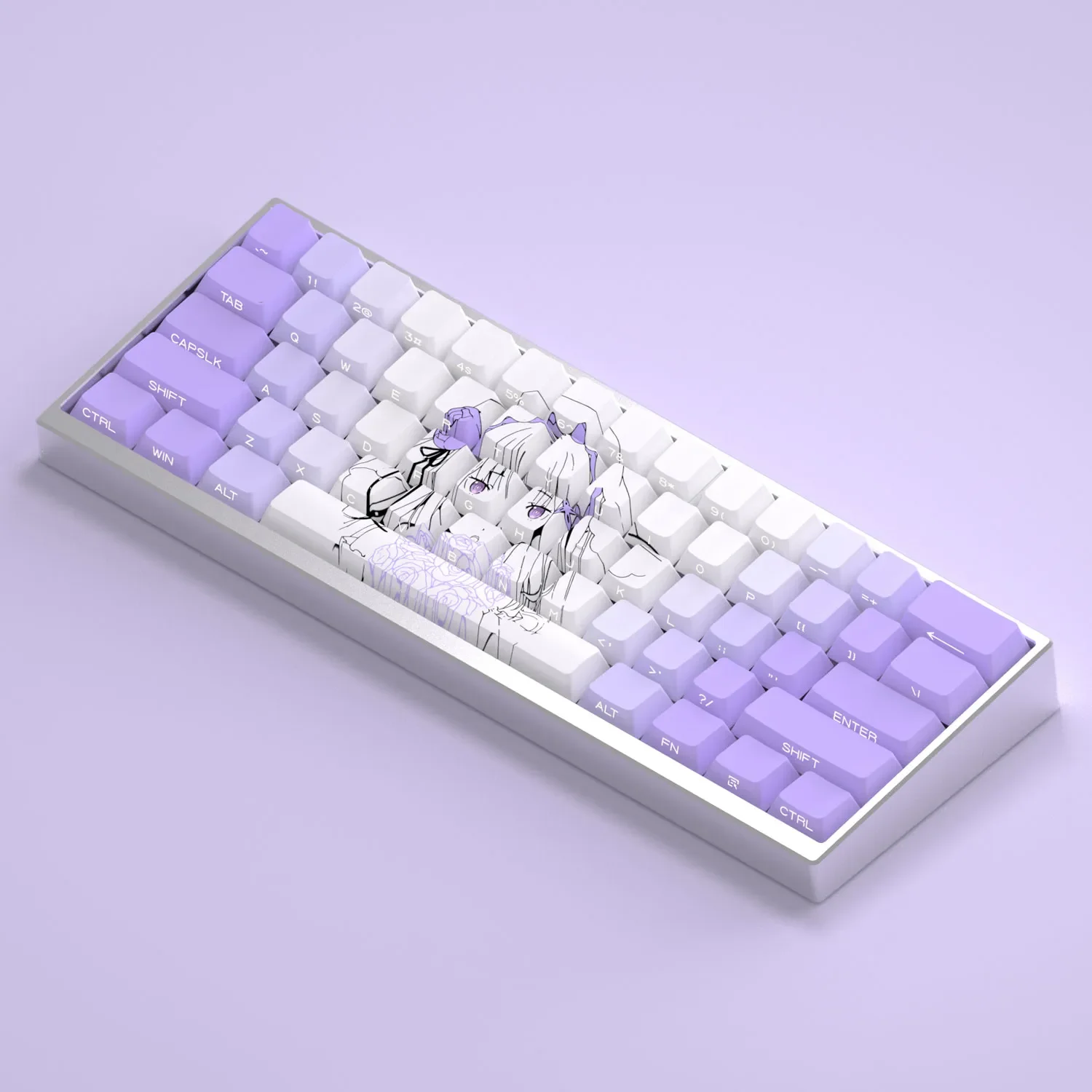 Multiple dynamic views of the premium Emilia Keycaps set, showcasing its vivid side-printed backlit legends, anime-inspired purple, and white keycaps.