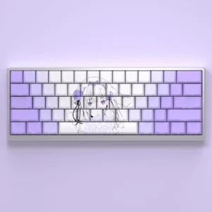 Premium 130-key Emilia Keycaps set, Cherry profile, featuring glowing side-printed backlit legends in an anime purple and white aesthetic.
