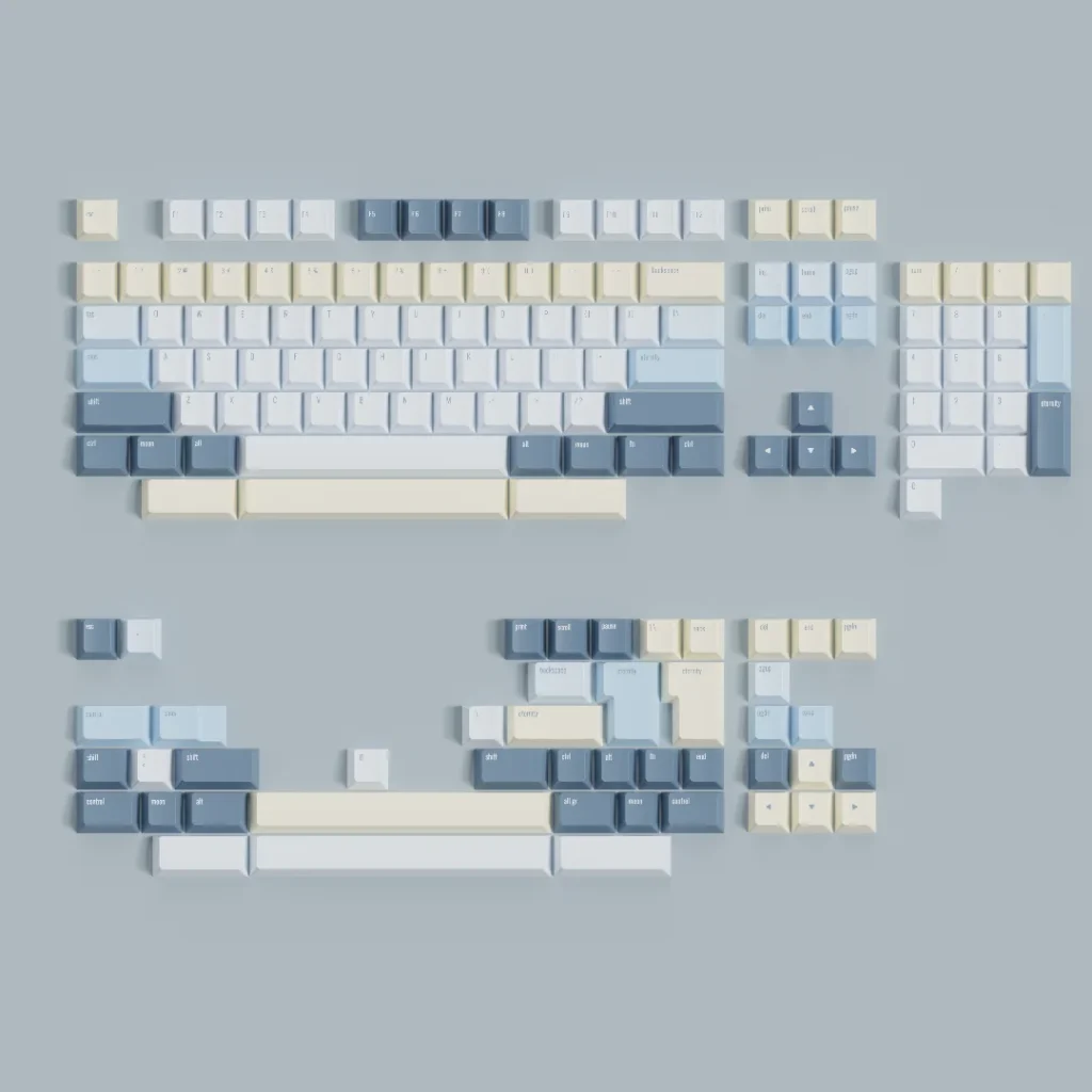 Eternity Moon on Sea magnetic keycaps set, shown from various angles, revealing serene blue, luminous white, and ethereal ocean reflections.