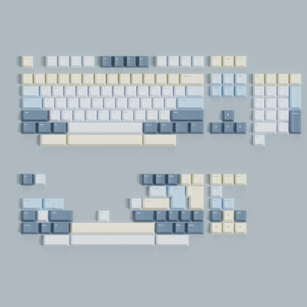 Eternity Moon on Sea magnetic keycaps set. Exquisite tranquil blues and luminous whites capture a serene ocean from various artistic angles.