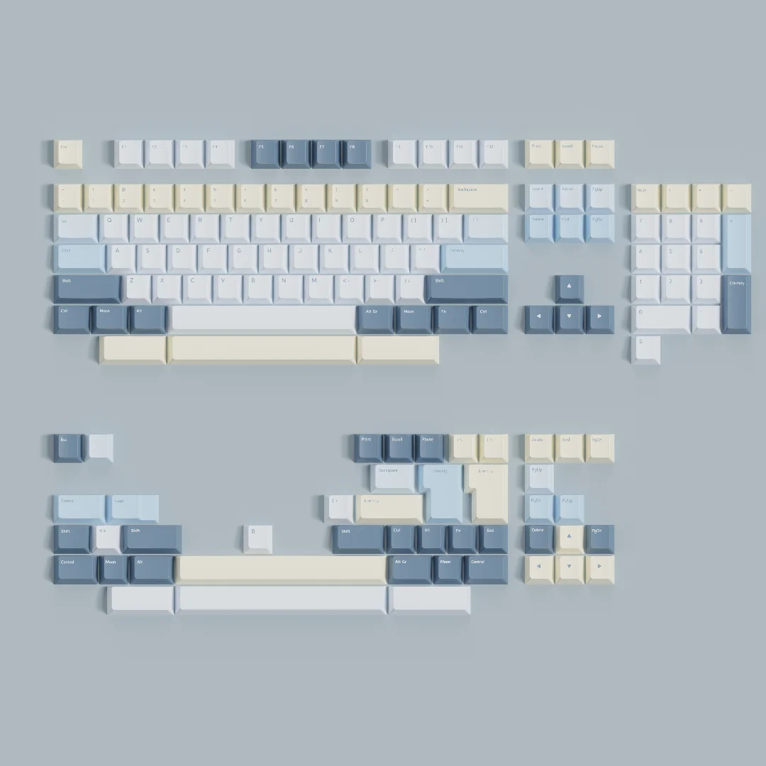 Eternity Moon on Sea magnetic keycaps set. Exquisite tranquil blues and luminous whites capture a serene ocean from various artistic angles.