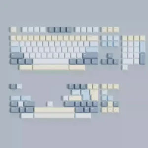 Eternity Moon on Sea magnetic keycaps set shown from various angles. Serene blue and luminous white evoke the ethereal ocean, highlighting magnetic compatibility.