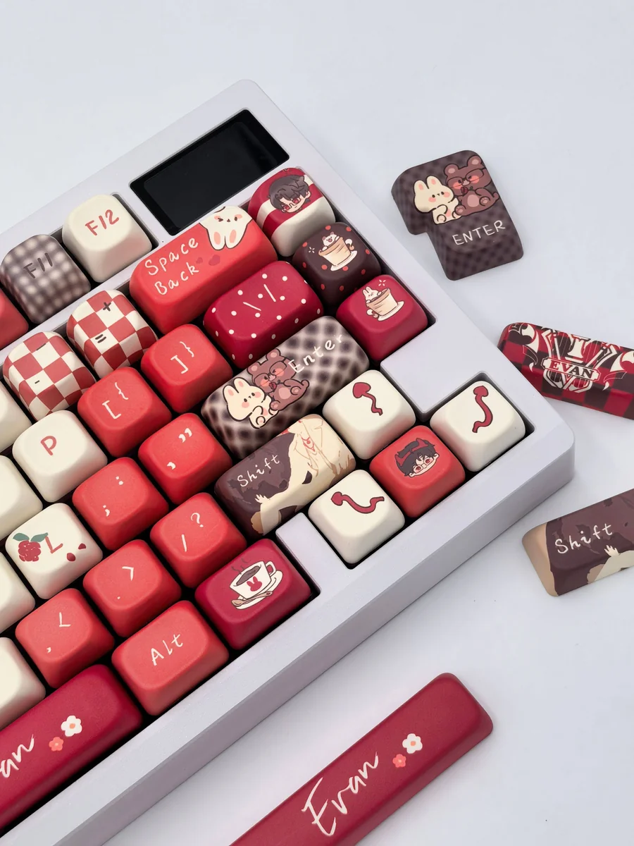 A detailed view of the Evan Keycap Set, capturing the character iconic artwork on premium PBT keycaps.