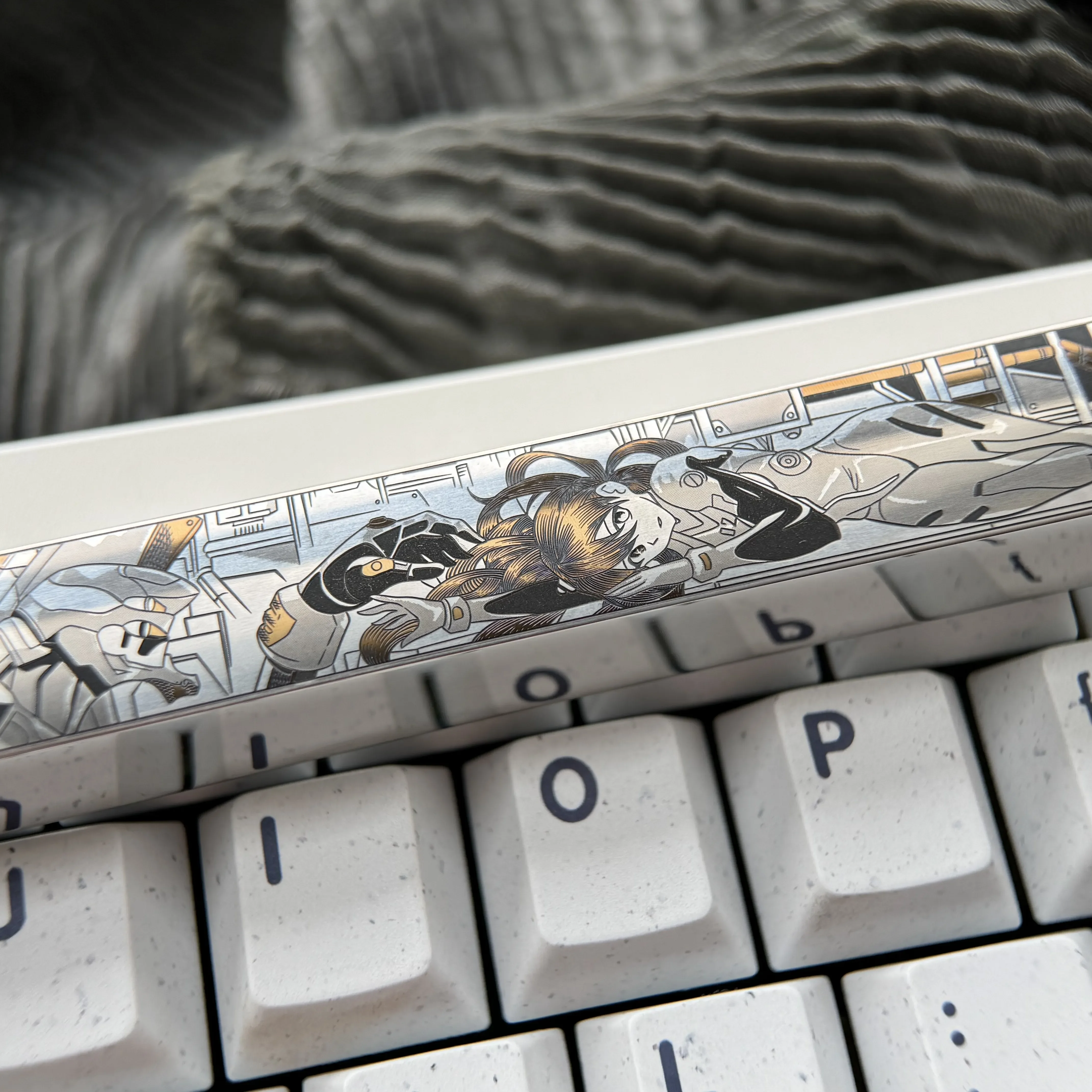 Artistic gallery view of the Evangelion Asuka precision-engraved titanium keycap, revealing its iconic sci-fi design and vibrant colors.