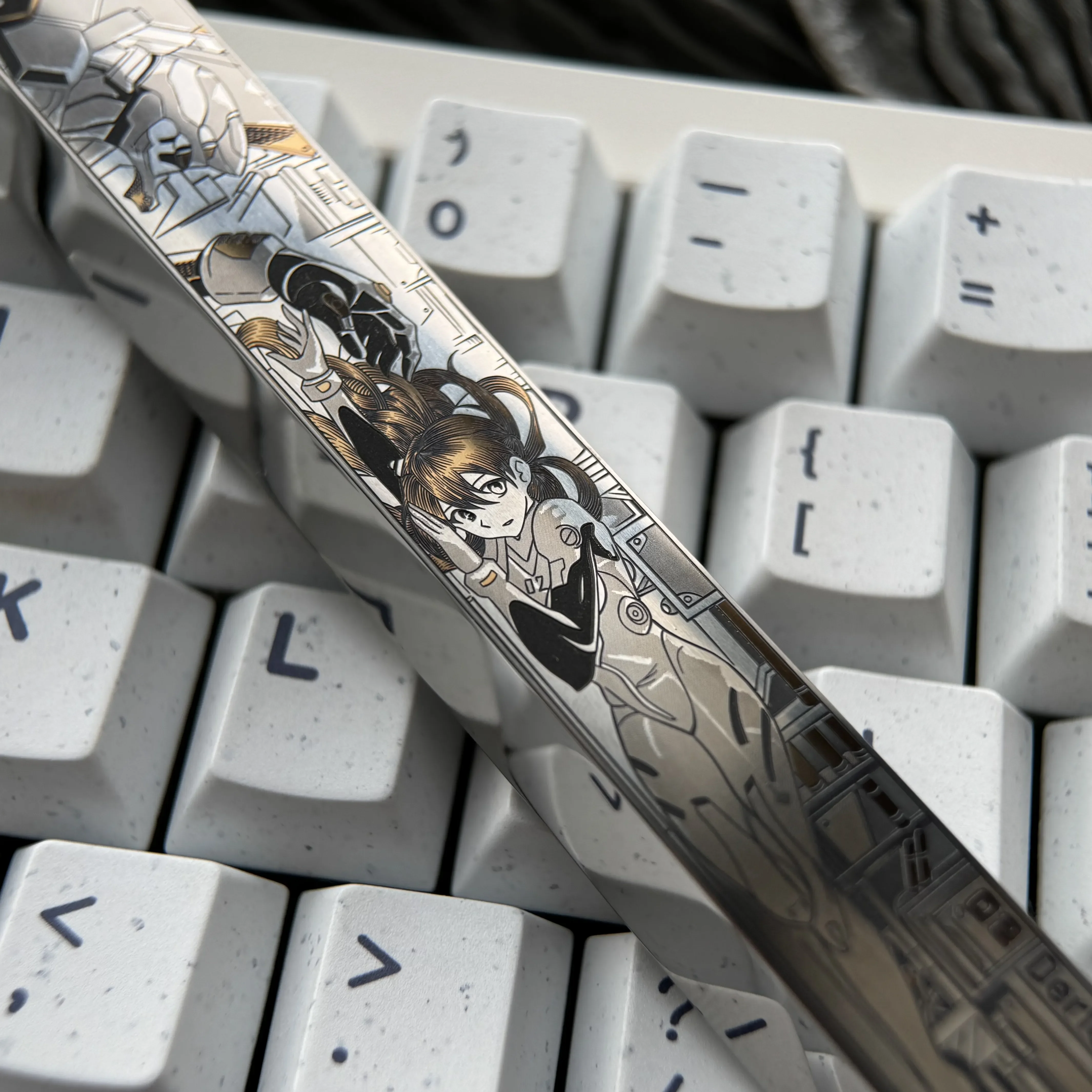 Evangelion Titanium Keycap, Asuka Precision-engraved colored titanium with artistic sci-fi design. Explore intricate details and angles.