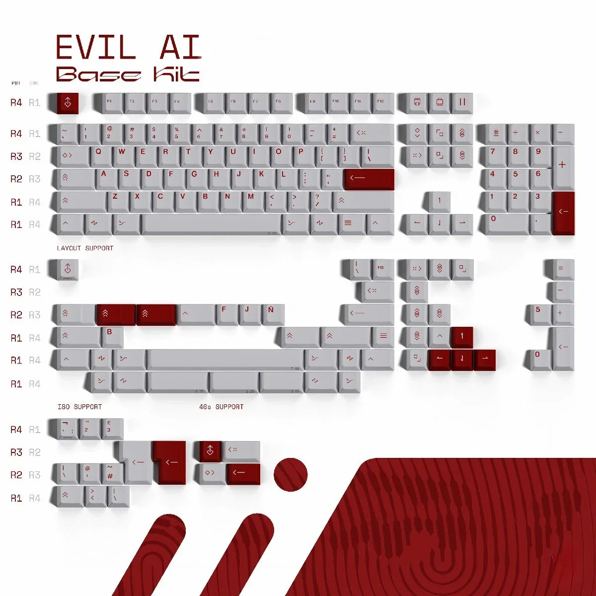 A multi-angle view of Evil Ai keycaps PBT set, revealing intricate glyphs, circuit patterns, and striking neon accents.