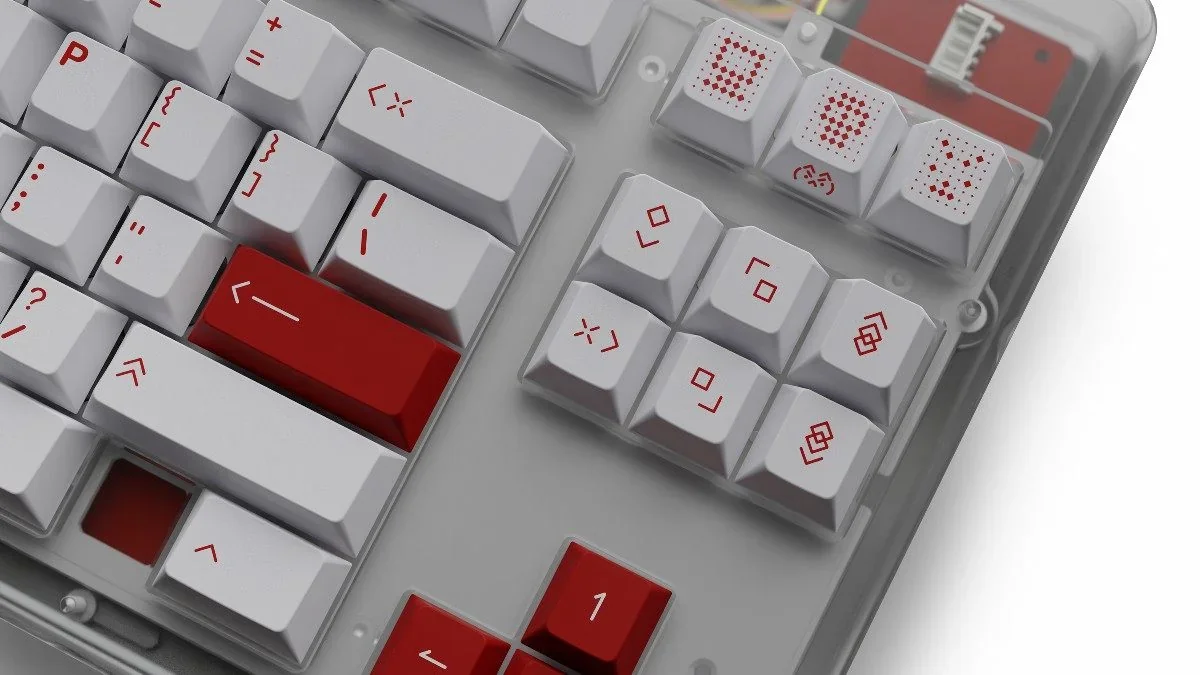 Evil Ai PBT keycaps set gallery: showcasing intense unique aesthetics, digital glyphs, circuit patterns, and striking neon accents.