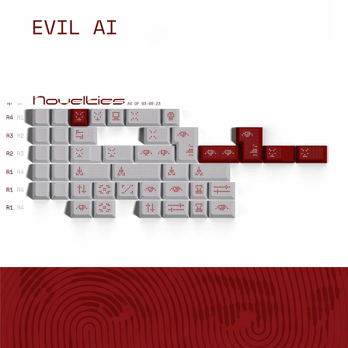 Evil Ai keycaps PBT set: unique design featuring striking neon glyphs and circuit patterns, shown from multiple angles.