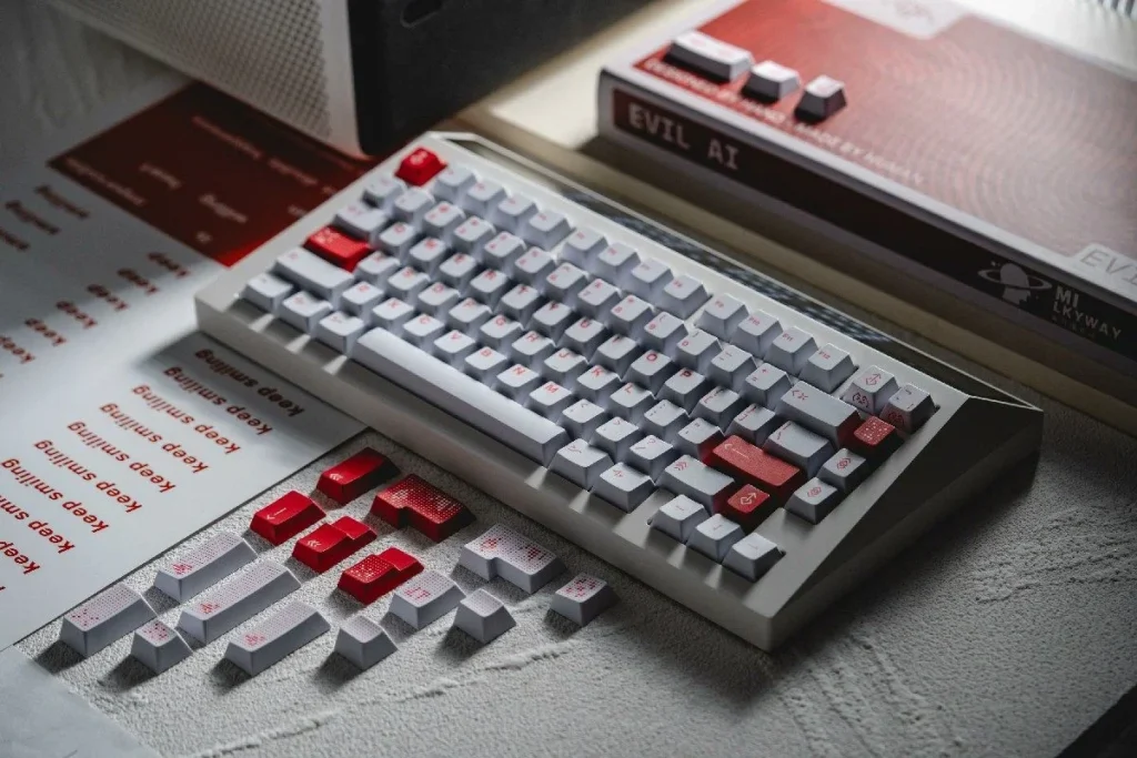 Evil Ai PBT keycaps set showcasing a unique aesthetic with striking neon accents, digital glyphs, and circuit patterns.